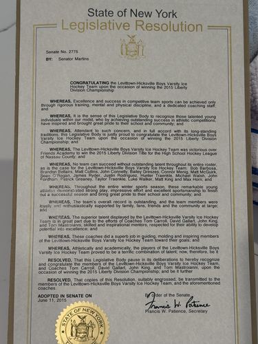 New York State Senate legislative resolution congratulating the Levittown-Hicksville Boys Varsity Ice Hockey Team on its county championship