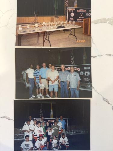 Three photographs from an awards night: a trophy table, coaches and staff, and the team seated in the stands